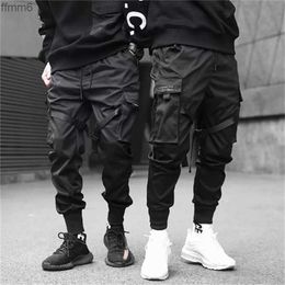 Men Ribbons Colour Block Black Pocket Cargo Pants Black Harem Joggers Harajuku Sweatpant Hip Hop Trousers Asian size S-3XL