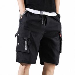 men's Cargo Shorts Solid Color Multiple Pockets Short Pants Summer Elastic Waistband Drawstring Cargo Shorts Casual Men Shorts 975h#