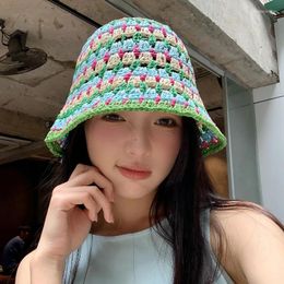 Berets Korean Version Of Dopamine Ins Hollow Sunshade Bucket Hat Women Summer Travel Vacation Straw Woven Big Head Foldable Sun Hats