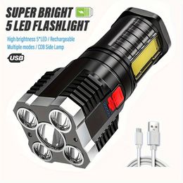 5 LEDs High Power Taschenlampe 1000 lm Outdoor Tragbare USB -wiederaufladbare COB Side -Flutlichter für Camping -Abenteuer -Wanderungen Outdoor -Aktivitäten Beleuchtung