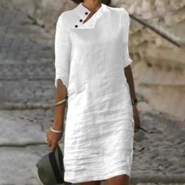 Casual Dresses Hollow Out Lace Cotton Women Linen Solid Colour Mid-Sleeve Dress 2024 Retro Summer Lady Office Mini
