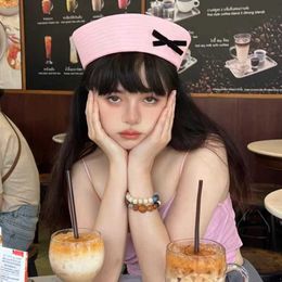 Berets Korean Bow Cute Pink Sailor Hat Flipped Eaves Versatile Sweet Girl Spring/Summer JK Beret Round Top Fashion Womens Navy Hat G240529