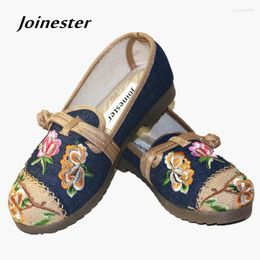 Casual Shoes Spring Summer Women Vintage Toe Button Flats Floral Embroidered Cotton Loafers For Ladies Ethnic Espadrilles