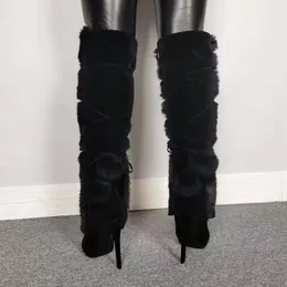 Boots Black Plush Fur Pom-Pom Knee High Woman Winter 2024 Cross Straps Round Toe Suede Stiletto Long Fashion Shoes