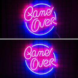 LED Neon Sign Round Game Over LED n Signs USB n Lights for Wall Decor Living Room n Sign Game Room Decor Party Cool Teen Kids Gifts