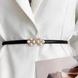 Belts Fashion Adjustable PU Leather Belt For Women Skinny Thin Waist Pearl Flower Lady Dress Coat Decorative Waistband