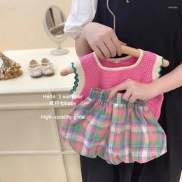 Clothing Sets Summer Girl's Suit Simple Pink Knitted Vest Plaid Bud Shorts Two-piece Set Outer Wear In Sports Leisure Style