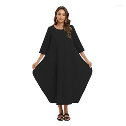 Casual Dresses Women's Round Neck Linen Loose Long Sleeve Dress Pure Colour Ankle Sunscreen Beach Vacation