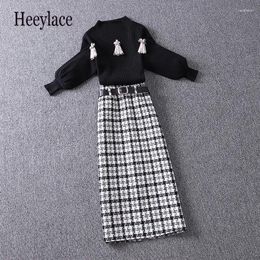 Work Dresses Women Autumn Winter Two Pieces Sets Office Ladies Clothing Set Turtleneck Knitted Sweaters And Tweed Plaid Long Skirts Suits