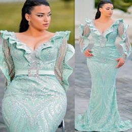 Party Dresses Mint Green Mermaid Long Sleeve Evening 2024 Sparkly Plus Size Arabic Aso Ebi Ruffles Shoulder Prom Engagement Gown