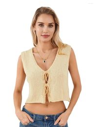 Women's Tanks HzDazrl Women Crochet Knit Vest Tie Up Front V Neck Sleeveless Crop Tank Tops Summer Casual Knitted Cropped