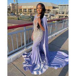 Lavender Veet Mermaid Prom Party Dresses With Cape Cloak Sparkly Diamond Crystal Black Girl Runway Evening Gown 0606