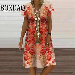 Casual Dresses Women Vintage Summer Flower 3D Print Short Sleeve Midi Dress Fashion Plus Size Ladies V-Neck Tie Dye A-Line
