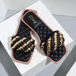 Slippers Women Fashion Gold Weave Summer Slides Open Toe Ladies Flats Casual Shoes Beach Outdoor Female Flip Flop Big Size 42