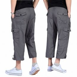 lg Length Cargo Shorts Men Summer Multi-Pocket Casual Cott Elastic Capri Pants Military Tactical Short Breeches 4XL Q387 g5ea#
