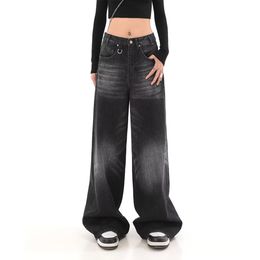 Vintage wash to do old wide-leg jeans women loose slimming plus-size design sense high street drag straight leg pants ins trend