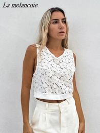 Women's Tanks Jacquard White Tank Top Women Summer 2024 Sexy Sleeveless Lace Cropped Tops Elegant Casual Loose V-Neck Camis Office Female