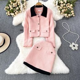 Work Dresses 2 Piece Set Womens Outfits Casual Contrast Color Turn-down Collar Tweed Jacket Skirt With Belt Women Dress Sets Solid Dropship