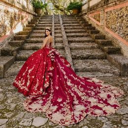 Burgundy Mexican Quinceanera Dresses Ball Gown Spaghetti Straps Floral Lace Sparkly Puffy Charro Sweet 16 Dresses 15 Anos