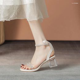 Casual Shoes Clear Heels Sandals Straps Pvc 2024 Women's Suit Female Beige Lace Up Plastic Pearl Comfort Buckle Rhinestone Girls Bo