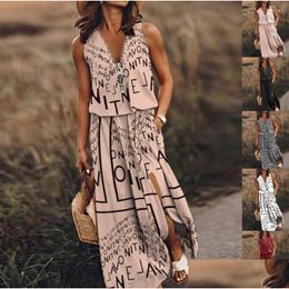 Basic Casual Dresses Long Dress Summer Women Sleeveless Letter Print V Neck Zipper Pocket Split Up Beach Holiday For Drop Delivery Dhxte