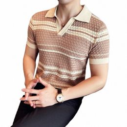 khaki/black Mesh Hollow Out Men Polo Shirts Summer New Knit Striped Polos Homme Slim Fit Casual Short Sleeve Polos For Men 3XL-M x0HY#