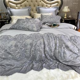 Bedding Sets Luxury Pink White Grey 1000TC Egyptian Cotton Romantic Lace Embroidery Duvet Cover Bed Linen Fitted Sheet Pillowcase Set