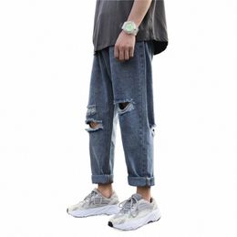 2024 Men Summer Fi Korean Loose Straight Denim Pants Male Baggy Ripped Holes Jeans Mens Thin Ankle-length Trousers F196 x2Or#