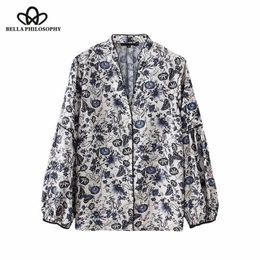 Women's Blouses Shirts Bella Philosophy Vintage Flowy Floral Print Loose Tops Blouses V Neck Puff Sleeve Side Vents Ladies Shirts Casual Blusas Mujer S2460655