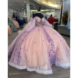 Платье Pink Pink Princess Princess Quinceanera с длинным рукавом Sparkly Applique Corset Bustle Sweet 16 vestidos para festa de 15 Anos 0606