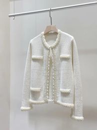 Women's Knits Design Women Fashion White Handmade Beading Long Sleeve Cardigan Coat Elegant Lady All Match O-neck Jacket Sweater Shawl Top