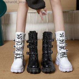 Boots Goth Boots Woman Winter 2022 WOMEN ANKLE BOOTS Platform Shoes Sneakers Studded Belt Punk Army Chunky Heels Mid Calf Boots Q240606
