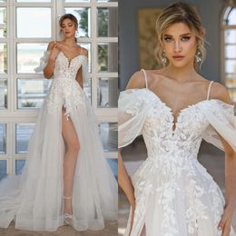 Simple A Line Wedding Dress Spaghetti Strap Off Shoulder Bridal Gowns 3D Appliques Lace Split Side Sweep Train Dress Custom Made