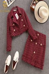 Autumn Winter Women Gold Doublebreasted Tweed Short Jacket Coat Bodycon Skirt Suit Tassels 2PCS Clothing Set Red Plaid 2111062593595