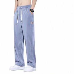 new Summer Thin Soft Lyocell Fabric Jeans Men Baggy Straight Wide Leg Pants Drawstring Elastic Waist Casual Trousers Plus Size 20i7#