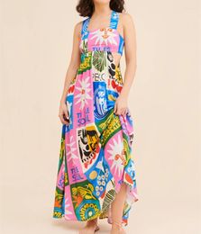 Casual Dresses Boho Summer Y2k Graffiti Tie Shoulder Sundress Flowy Smocked Beach Maxi Dress Long Tiered Sun For Women