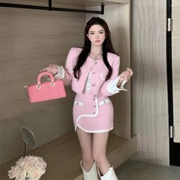 Work Dresses Pink Fragrance Suit Women's Autumn Sweet Coat Short Irregular Skirt Girls Sets