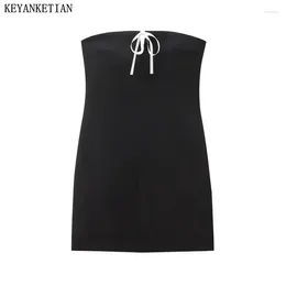 Casual Dresses KEYANKETIAN 2024 Launch Women Bow Bandage Slash Neck Breast Wrap Dress Sweet Slim Sexy Black Straples Corset Mini