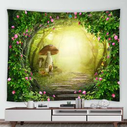 Tapestries Fantasy Forest Mushroom House Tapestry Flowers Green Plants Wall Hanging Home Dorm Room Decor Blanket Mat