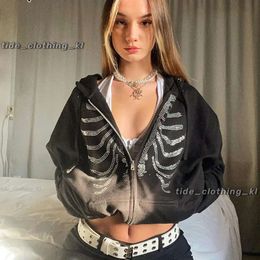 Designer Carhartte Jacket Rhinestone Skeleton Hoodies Women Stage Wear Y2K Gothic Zip Up Vintage Sweatshirts Female Retro Harajuku Hooded Jacket Streetwear 1b