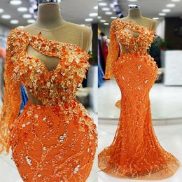 2024 Orange Prom Dress Mermaid Illusion Evening Dresses Elegant One Shoulder Long Sleeves Beaded Lace Crystals Beading Rhinestones Decorated Birthday Gown AM1074