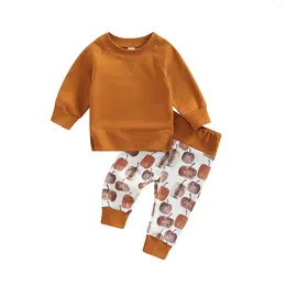 Clothing Sets Toddler Baby Girls Boys T-shirt And Trousers Set Fashion Solid Colour Long Sleeve Tops Pumpkin Print Pants 0-3T