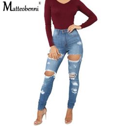 Women's Jeans 2021 New Blue Stretch Ripped High Waist Jeans Skinny Jeans Women Denim Pants Holes Destroyed Kn Pencil Pants Casual Trousers Y240604ZM4A