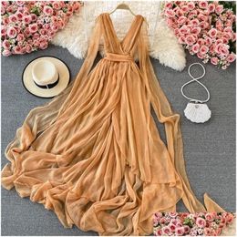 Basic Casual Dresses Womens Summer Beach Dress V-Neck Camisole Slim White Elegant Tle A-Line Long Holiday Maxi Vestidos Drop Delive Dhjlm