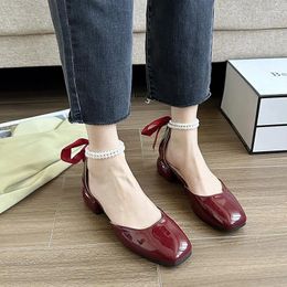 Casual Shoes Elegant Pearl Chain Thick Heel High Heels Retro Square Toe Mary Jane White Mid Hollow Prom Sandals Bow Ankle Strap Pumps