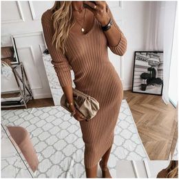 Basic Casual Dresses Knit Sweater Dress Women Sexy V-Neck Slim Maxi Long Sleeve Bodycon Ribbed White Black Female Streetwearcasual Dh3N5