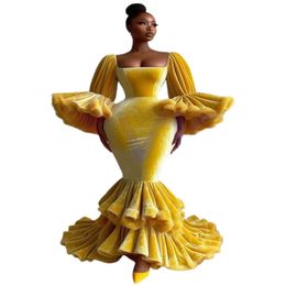 Удивительные желтые платья на выпускной вещества Flamenco для чернокожих девушек Элегантные квадратные забуины рукав рукавс