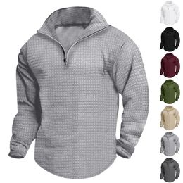 Men's Sweaters Man Corduroy Long Sleeve Henry Shirt Small Checkered Stand Collar Zipper Hoodie Casual Slim Solid Color Premium Clothing