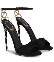 Luxurious Renescaovillas Morgana Sandals Shoes Gold Crystal Snake Wrapped Black High Heels Suede Leather Lady Sandalias Dress Bridal Wedding2808822