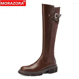 Boots MORAZORA 2024 Spring Autumn Genuine Leather Women Ladies Thick Med Heels Platform Shoes Zipper Knee High